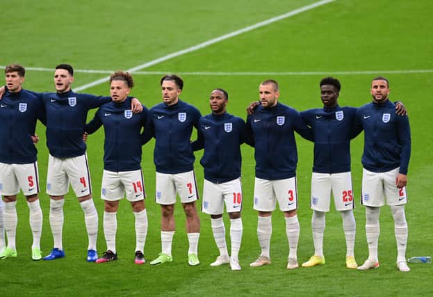 England players sing the national anthem during Euro 2020. Credit: Getty.