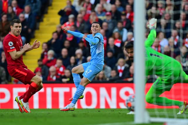 Foden scores against Liverpool. Credit: Getty.
