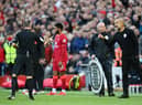 Paul Tierney speaks to Pep Guardiola. Credit: Getty.