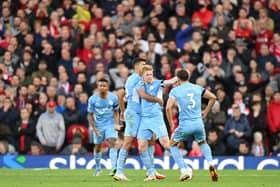 Kevin De Bruyne celebrates scoring against Liverpool. Credit: Getty.