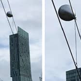 Helium balloon caught on overhead power lines on the Castlefield corridor in Manchester