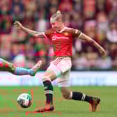 Georgia Stanway was shown a red card for this foul on Leah Galton. (Photo by Naomi Baker/Getty Images)