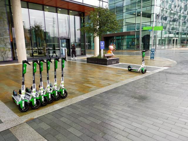 Lime e-scooters at MediaCity Credit: Andrew Fisher
