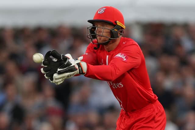 Jos Buttler of Lancashire Lightning gathers the ball during the Vitality Blast Quarter-Final match between Kent Spitfires and Lancashire Lightning at The Spitfire Ground on August 23, 2018 in Canterbury, England. (Photo by Sarah Ansell/Getty Images).
