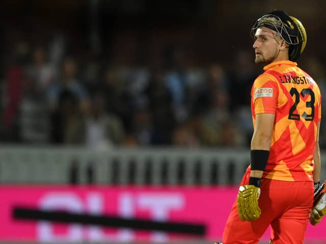 Liam Livingstone reacts after being run out during The Hundred Final match between Birmingham Phoenix Men and Southern Brave Men at Lord's Cricket Ground on August 21, 2021 in London, England. (Photo by Stu Forster/Getty Images)