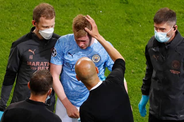 De Bruyne broke two bones in his face in the Champions League final. Credit: Getty.