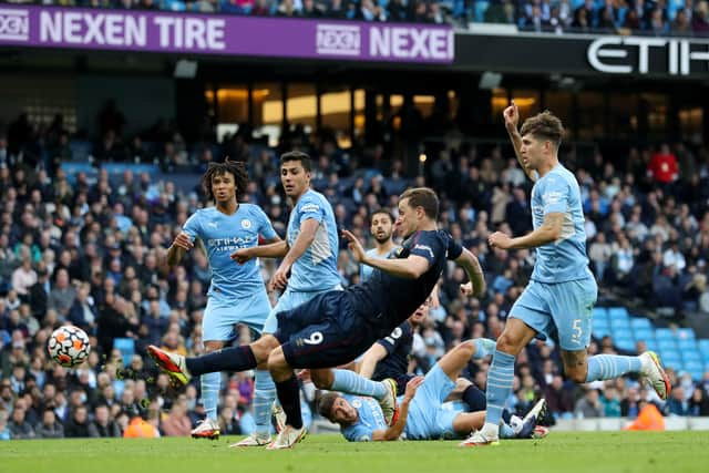 Stones played his first club minutes of 2021/22 in the win over Burnley. Credit: Getty.