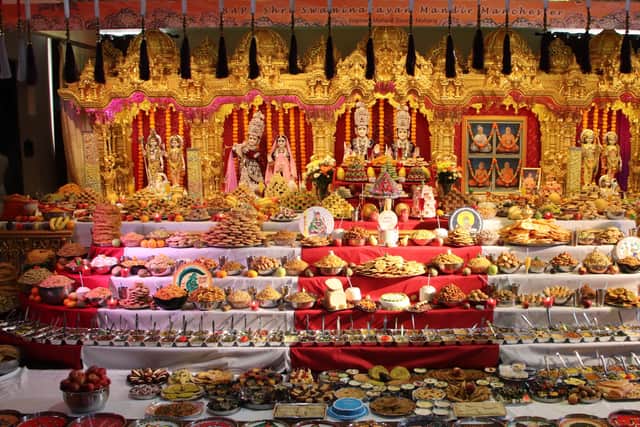 Annakut, or the Hindu New Year, being celebrated at a temple