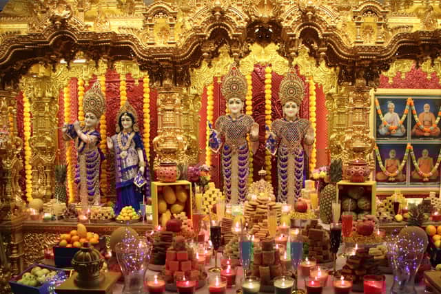 Offerings of food are made at temples to celebrate Annakut, or the Hindu New Year
