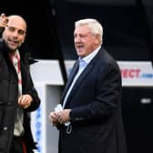 Pep Guardiola has given his support to Steve Bruce after he was dismissed earlier this week. (Photo by Peter Powell - Pool/Getty Images)