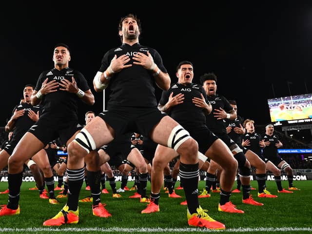 Rieko Ioane, Samuel Whitelock, Codie Taylor of the All Blacks perform the haka with the team ahead of the Rugby Championship and Bledisloe Cup match between the New Zealand All Blacks and the Australia Wallabies at Eden Park on August 07, 2021 in Auckland, New Zealand