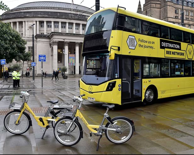 A Bee Network bus and two bicycles. Photo: TfGM