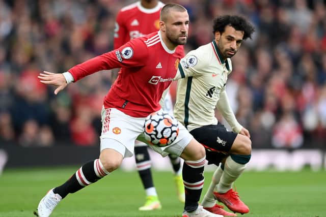 Shaw had a tough afternoon up against Salah. Credit: Getty.