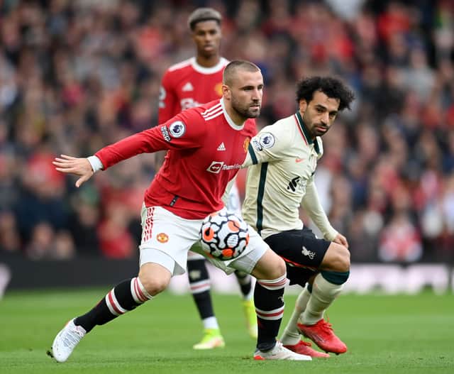 Shaw had a tough afternoon up against Salah. Credit: Getty.