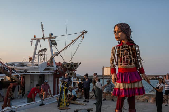The Little Amal puppet in Chios, Greece. Photo: Sokratis Baltagiannis/UNHCR