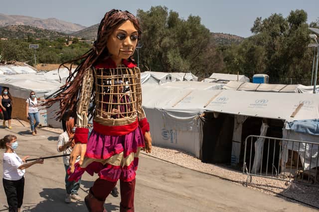 Little Amal in Greece. Photo: Sokratis Baltagiannis/UNHCR