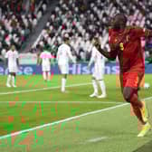 Romelu Lukaku celebrates scoring for Belgium. Credit: Getty.