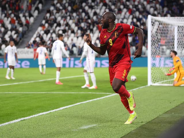 Romelu Lukaku celebrates scoring for Belgium. Credit: Getty.