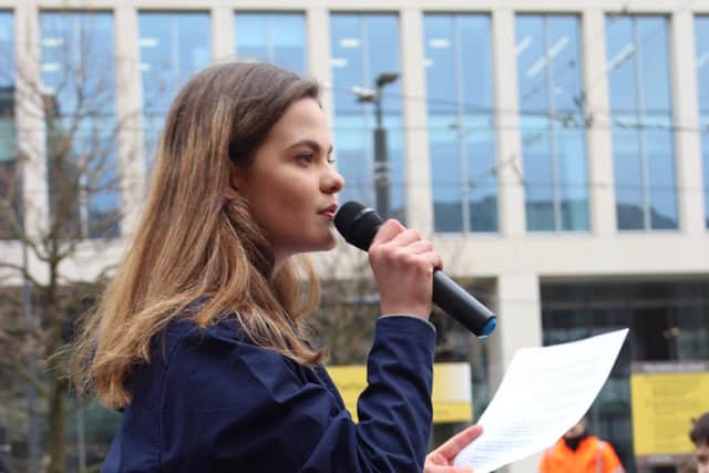Emma Greenwood speaking at a youth climate strike