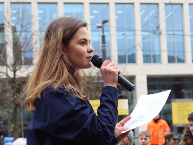 Emma Greenwood speaking at a youth climate strike