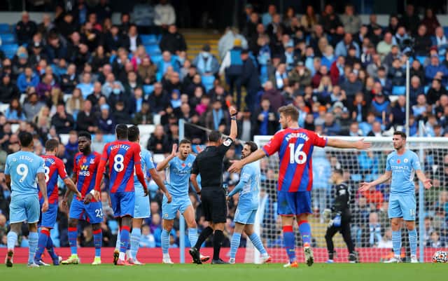 <p>Aymeric Laporte is sent off as Manchester City lose to Crystal Palace. Credit: Getty.</p>