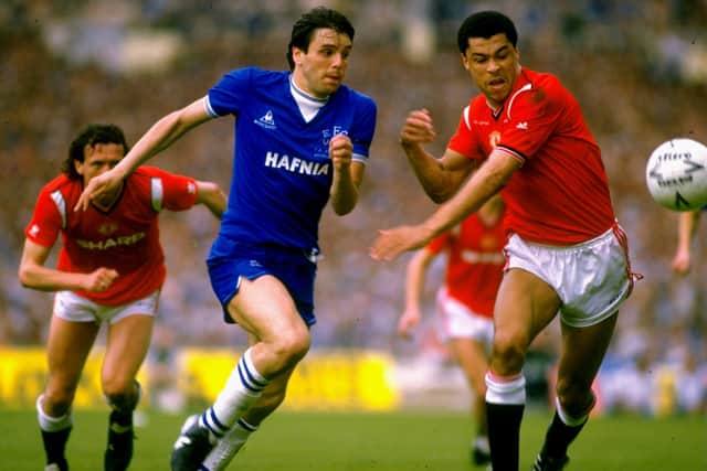 Graham Sharpe and Paul McGrath compete for the ball during the 1985 FA Cup final. Credit: Getty.