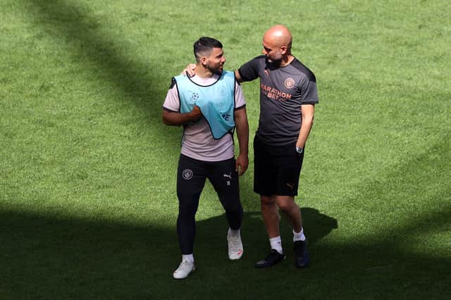 <p>Sergio Aguero and Pep Guardiola. Credit: Getty.</p>
