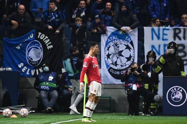 <p>Cristiano Ronaldo celebrates scoring for Manchester United against Atalanta. Credit: Getty.</p>