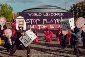 The protest based on Netflix show Squid Game which activists staged at COP26. Photo: Joao Daniel Pereira