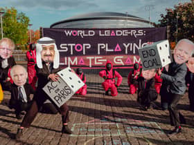 The protest based on Netflix show Squid Game which activists staged at COP26. Photo: Joao Daniel Pereira