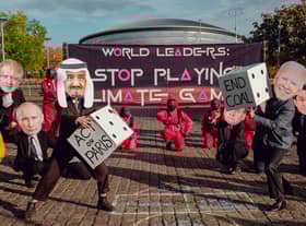 The protest based on Netflix show Squid Game which activists staged at COP26. Photo: Joao Daniel Pereira