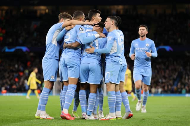 Manchester City celebrate scoring against Club Brugge. Credit: Getty.