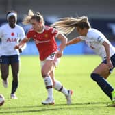 Kirsty Hanson of Manchester United battles for possession with Shelina Zadorsky of Tottenham Hotspur during the Barclays FA Women’s Super League match  Credit: Getty Images 