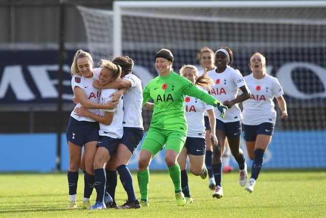 Ria Percival of Tottenham Hotspur celebrates after scoring their side’s first goal with team mates during the Barclays FA Women’s Super League match between Tottenham Hotspur Women and Manchester United Women Credit: Getty Images