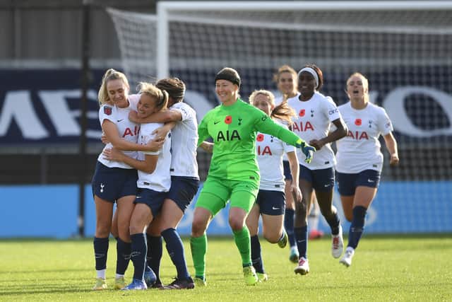 Ria Percival of Tottenham Hotspur celebrates after scoring their side’s first goal with team mates during the Barclays FA Women’s Super League match between Tottenham Hotspur Women and Manchester United Women   Credit: Getty Images