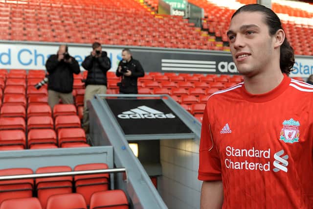 Andy Carroll during his Liverpool unveiling. Picture: ANDREW YATES/AFP via Getty Images