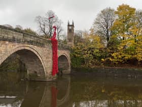 Waterfall of poppies made from plastic bottles in Stoneclough