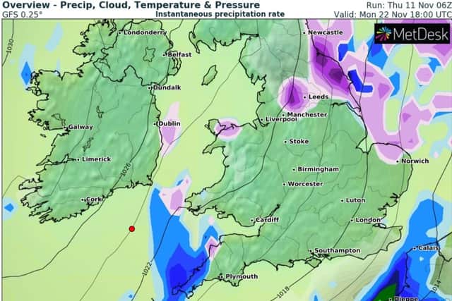 The purple coloured sections on the chart denote where weather experts expect snow to fall later this month.