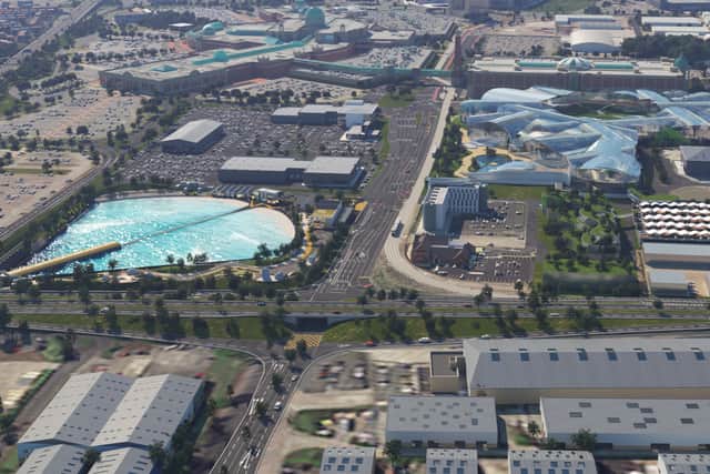 A CGI of TraffordCity showing where Modern Surf Manchester will go