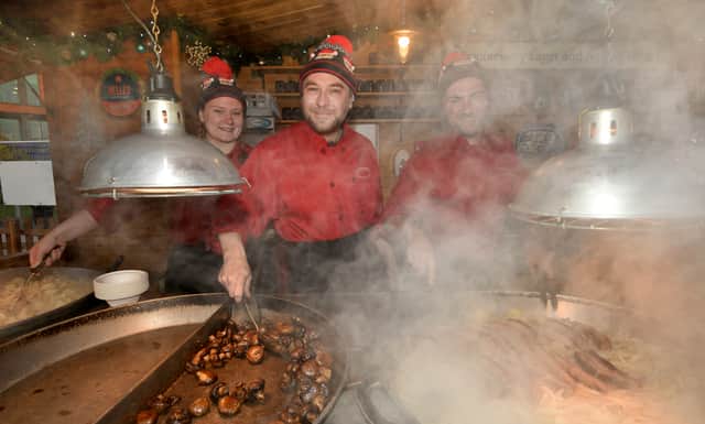 Manchester Christmas Markets 2021:  Staff on Clowbecks Farmhouse Kitchen stall