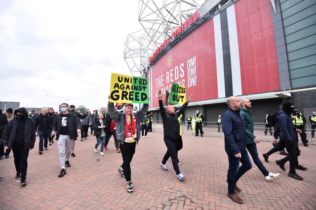 An anti-Glazer protest caused the postponement of United’s game with Liverpool in May. Credit: Getty.