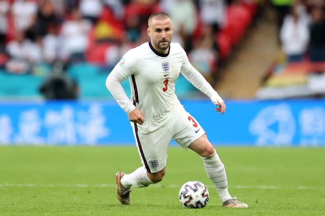 Luke Shaw playing for England. Credit: Getty.