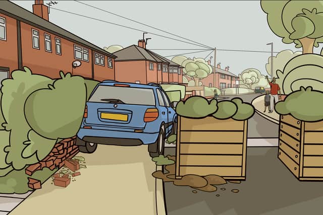 An artist’s impression based on people’s descriptions of an active neighbourhood. Illustration by Andrea Motta at Studio Salford
