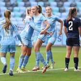 Georgia Stanway scores her team’s second goal during the Barclays FA Women’s Super League match between Manchester City Women and Aston Villa Women Credit: Getty