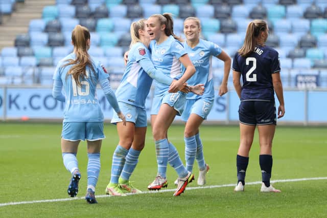 Georgia Stanway scores her team’s second goal during the Barclays FA Women’s Super League match between Manchester City Women and Aston Villa Women Credit: Getty