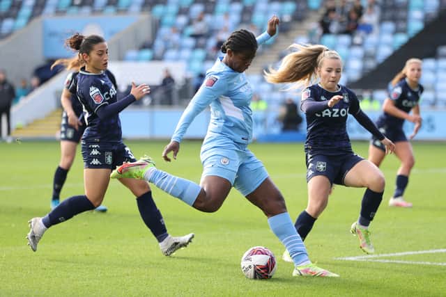 Khadija Shaw of Manchester City Women shoots at goal Credit: Getty