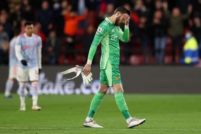 David De Gea looks crestfallen at Vicarage Road Credit: Getty Images
