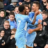 Rodri celebrates scoring against Everton. Credit: Getty.