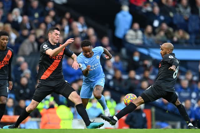 Raheem Sterling earned a first-half penalty, which was overturned by VAR. Credit: Getty.