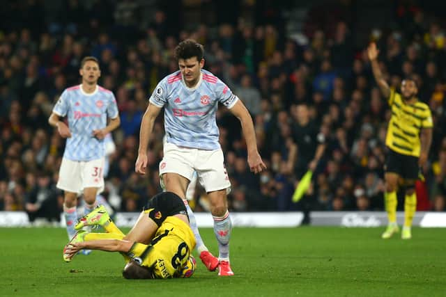 Harry Maguire was sent off in Ole Gunnar Solskjaer’s last game in charge. Credit: Getty.